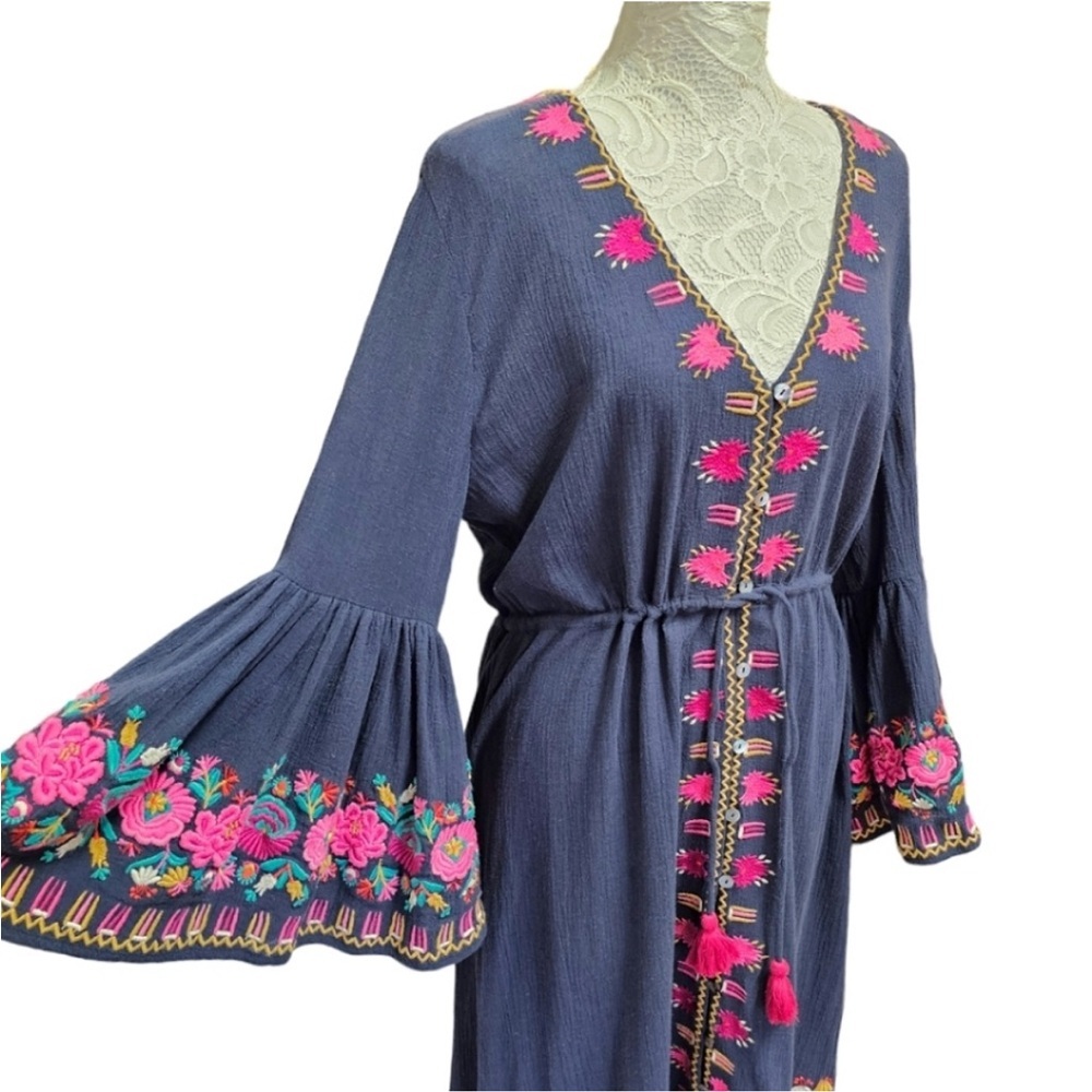 FIGUE Blue Cotton V-Neck Bell Sleeve Button Up Midi Dress Bohemian Princess L - Picture 6 of 11